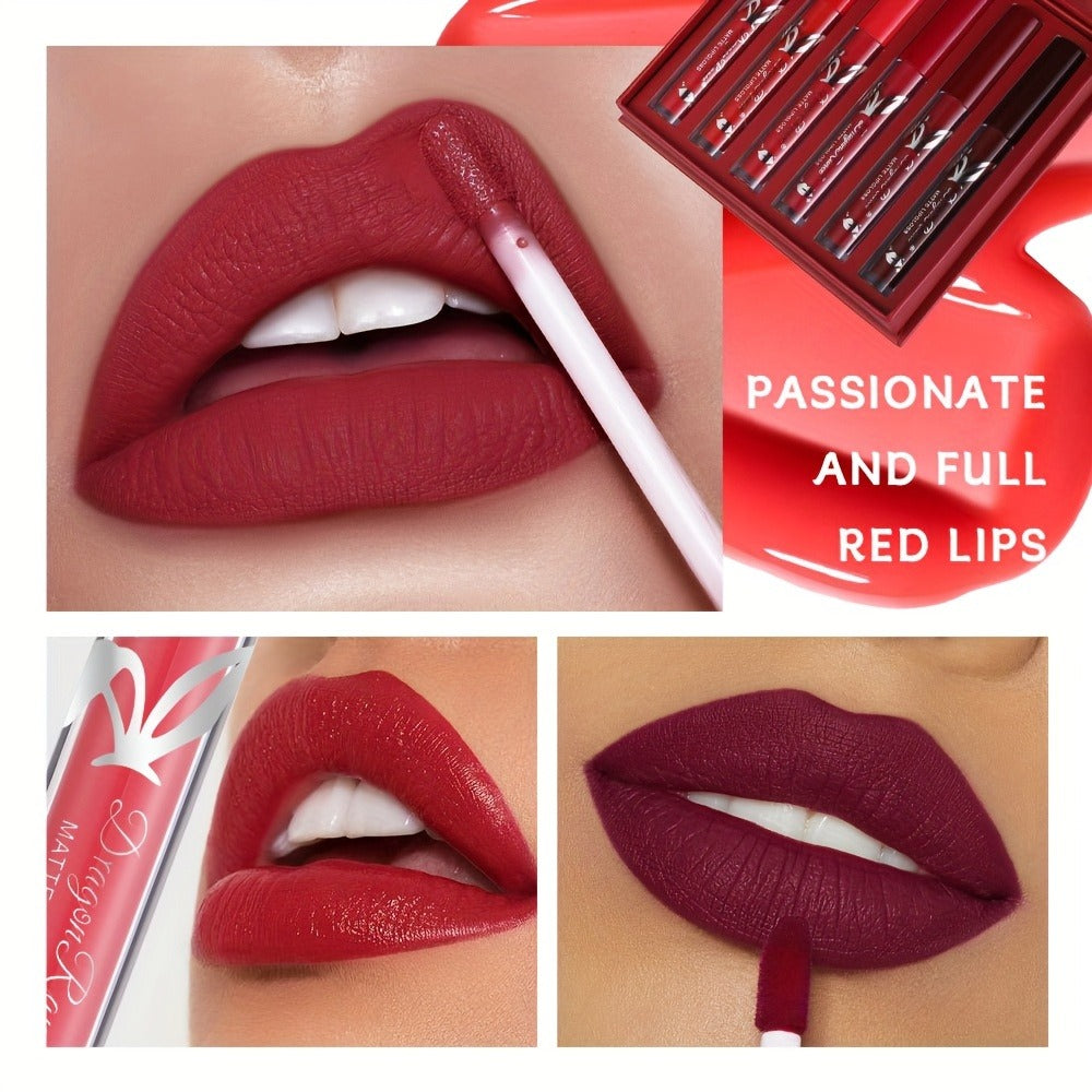 Red Lip Glaze Gift Set 6pcs in Elegant Box, Smudge-Proof Glazed Finish, Smooth Paste Formula
