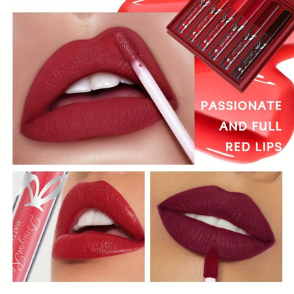Red Lip Glaze Gift Set 6pcs in Elegant Box, Smudge-Proof Glazed Finish, Smooth Paste Formula