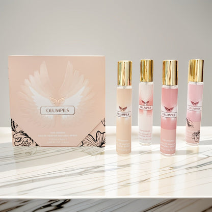 Perfume Gift Set MYSTICAL Four 20ml Eau de Parfum Spray Bottles with Gold Caps in Pink Floral Box