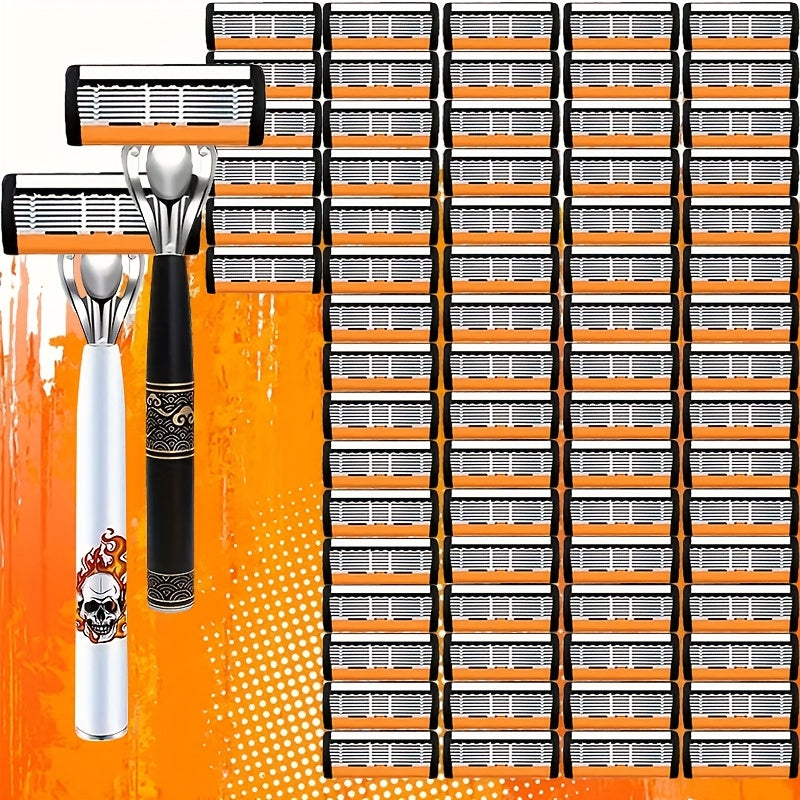 Men's Razor 6-Layer Blade 72 Replaceable Blades 2 Anti-Slip Handles – Ultra-Sharp Cartridge Shaver for Close Smooth Shave Face Beard Body