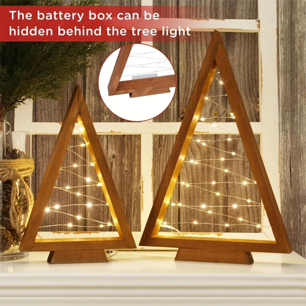 Wooden Light-Up Desktop Christmas Trees USB Powered - Mini Lighted Wood Tree Set for Holiday Decoration
