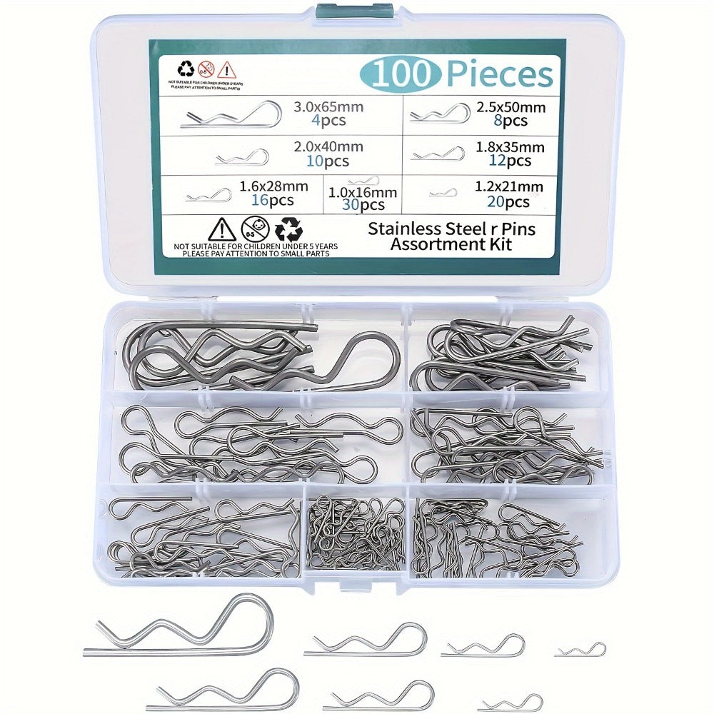 100pcs Stainless Steel R Cotter Pin Assortment Kit – R-Clip Spring Retaining Pins 7 Sizes for Trailer Hitch Automotive Marine Lawn Mower