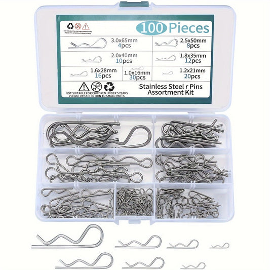 100pcs Stainless Steel R Cotter Pin Assortment Kit – R-Clip Spring Retaining Pins 7 Sizes for Trailer Hitch Automotive Marine Lawn Mower