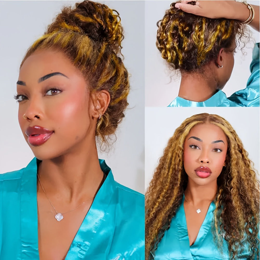 Wig Long Deep-Wave Honey Blonde Ombre, 28-Inch Synthetic Fiber with 13x4 Lace Front and Glueless Cap