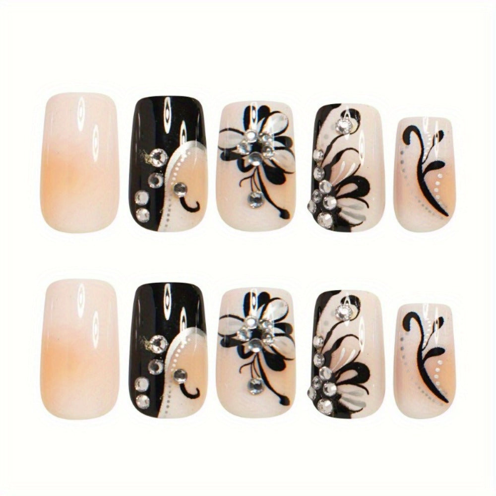 Press On Nails 48-Piece Medium Square Black and White Matte French Tip Butterfly Full-Cover Set