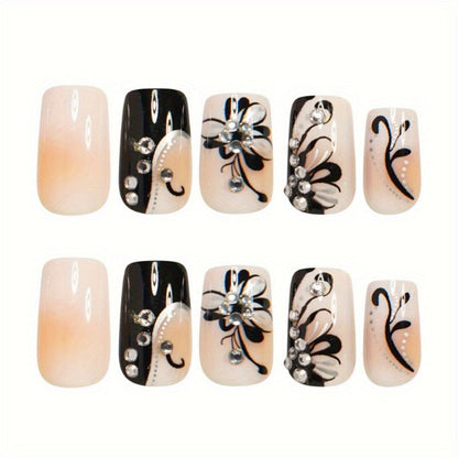 Press On Nails 48-Piece Medium Square Black and White Matte French Tip Butterfly Full-Cover Set