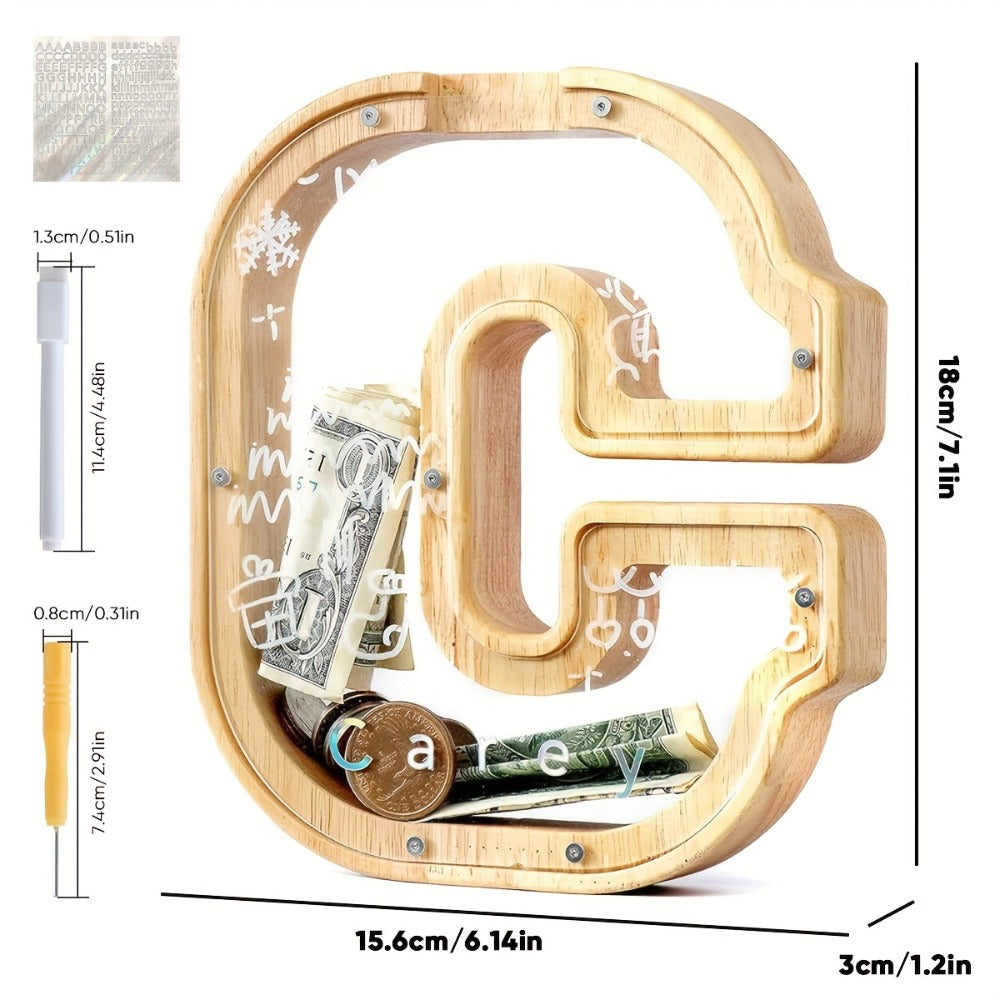 Alphabet Wooden Money Bank for Adults A to Z Letter Piggy Bank – Personalized Coin Bank Home Decor Craft Art Decoration