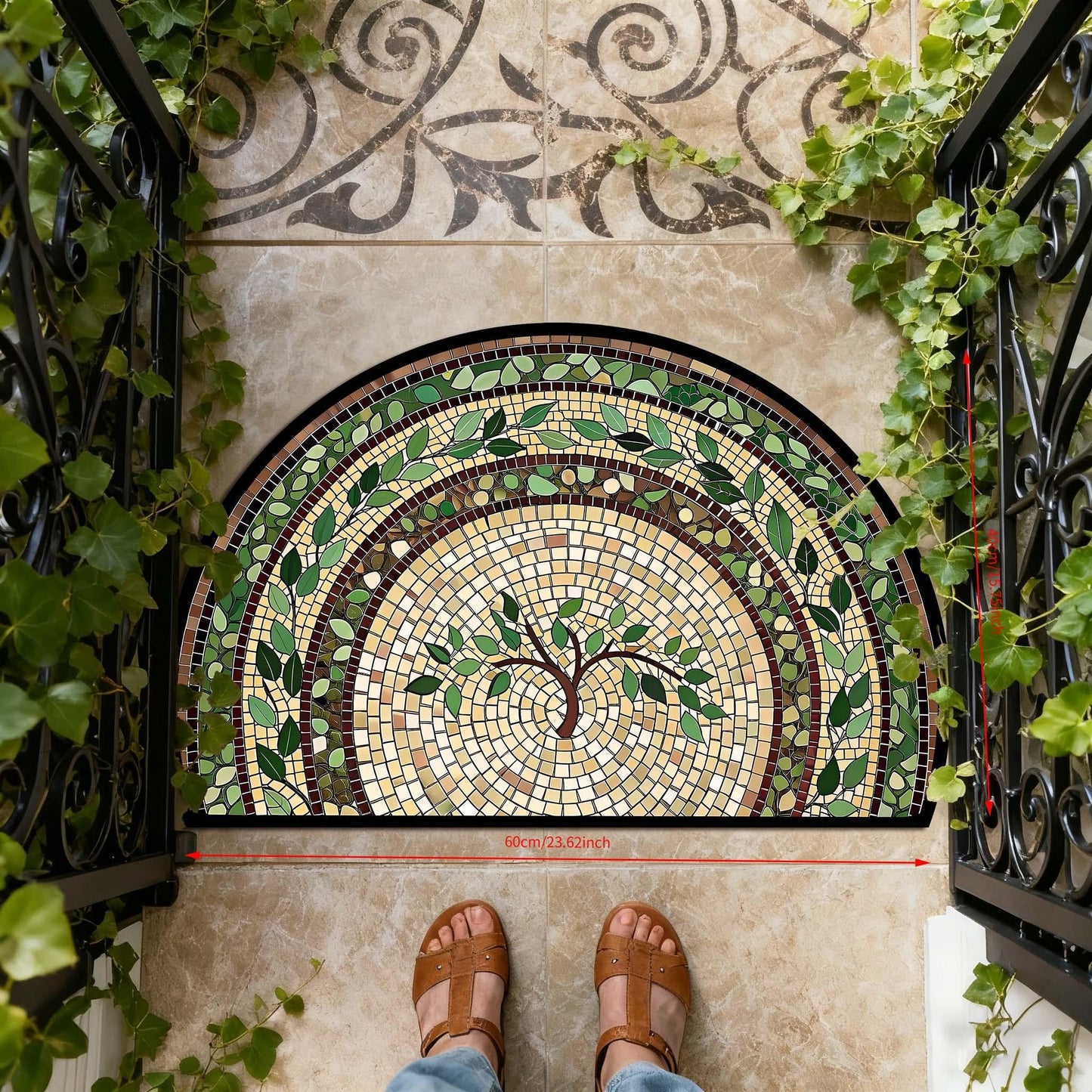 Non-Slip Bathroom Rug Semicircle Bath Mat, Crystal Velvet Soft Absorbent Floor Mat, Vintage Mosaic Vine Pattern