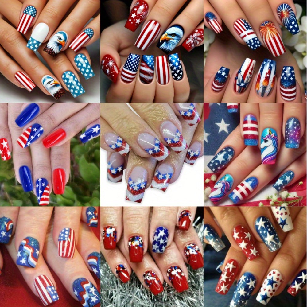 Press On Nails 216-Piece Medium Coffin Nine-Pack Red White Blue Stars and Stripes Patriotic Set