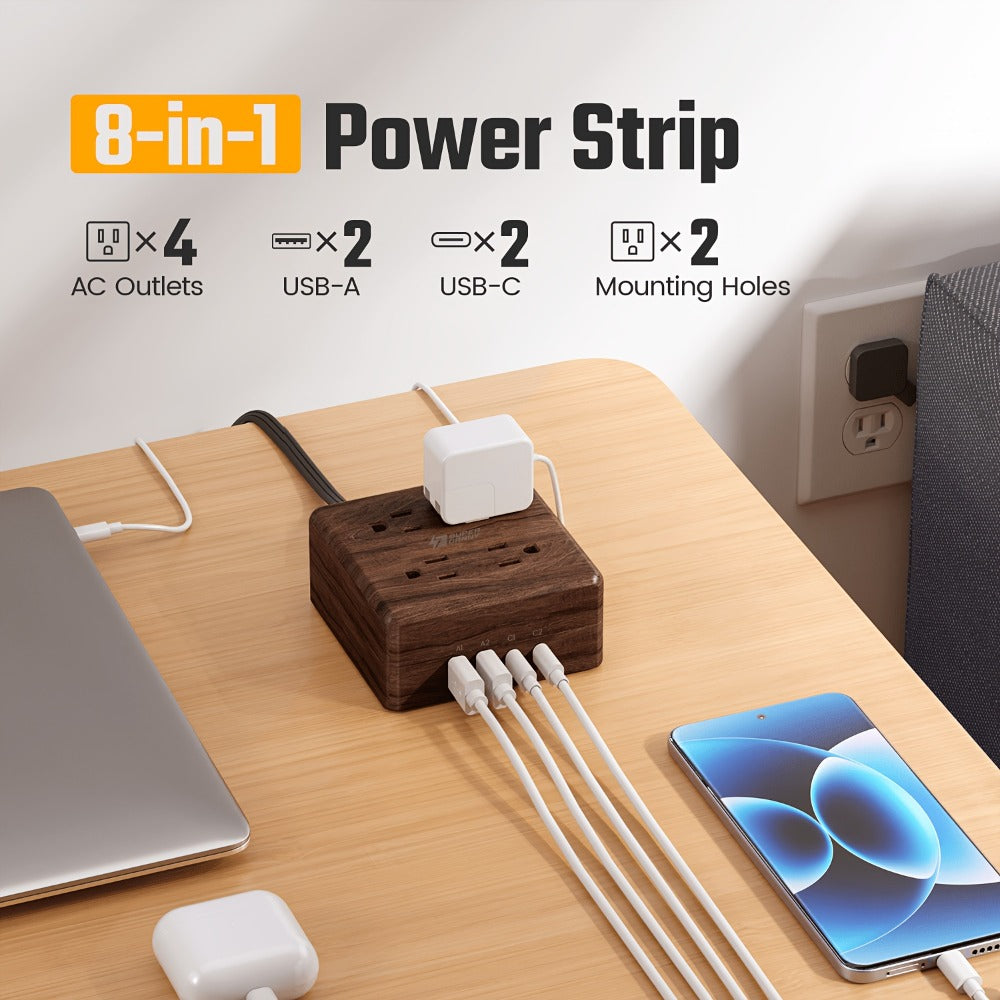Power Strip 8-in-1 with 4 Widely Spaced AC Outlets, 4 USB Ports and 5-Foot Cord in Three Color Options