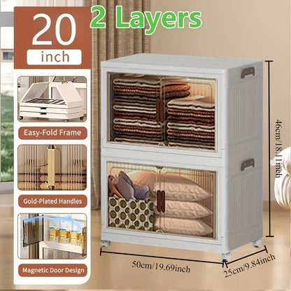 Folding Storage Cabinet 1-6 Tier Collapsible Stackable Organizer with Wheels and Lids – Extra Large Foldable Storage Locker for Closet