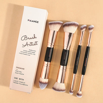 Makeup Brush Set, 4-Piece Double-Ended Travel Collection with Eight Brush Heads in Black-Beige or Black-Gold