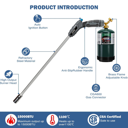 Propane Weed Torch Self Igniting, Garden Ice Melt Fire Starter Burner for Garden, Patio and Yard Use