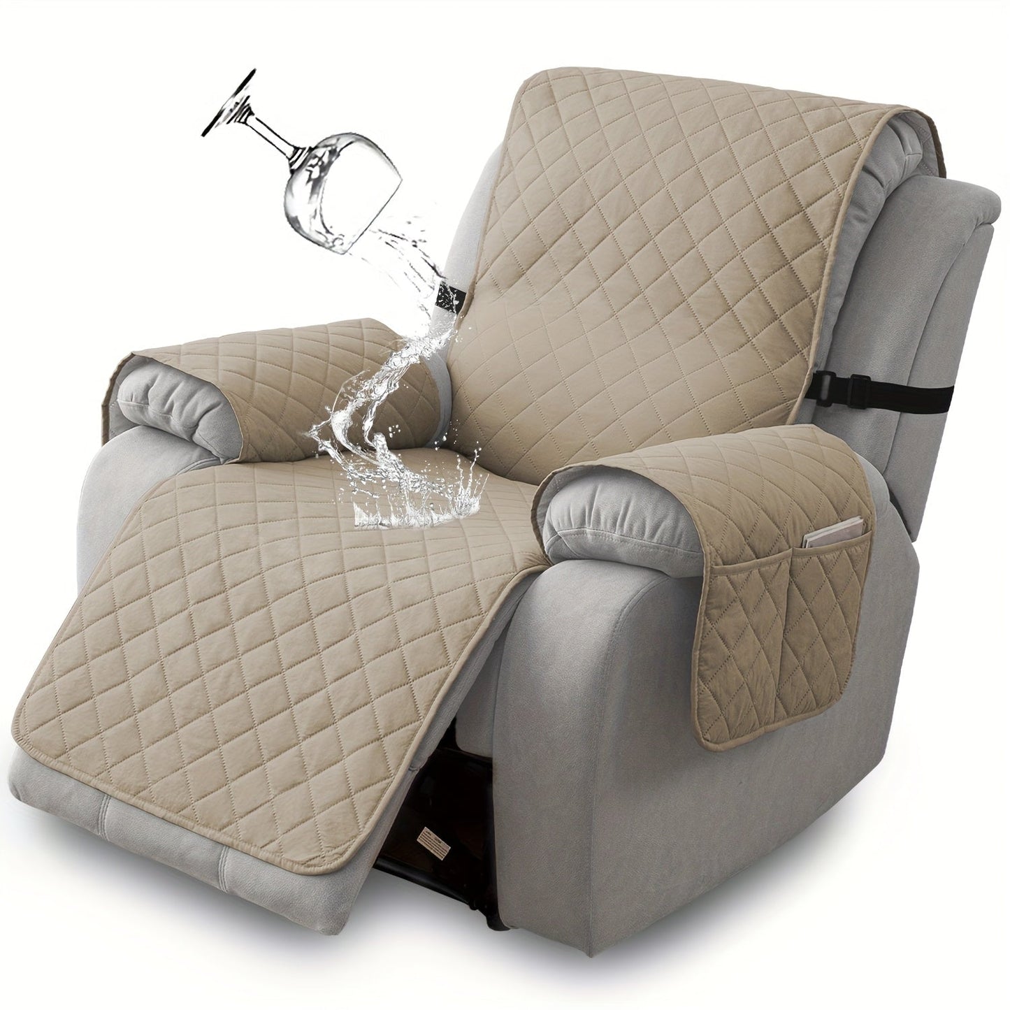 Diamond-Quilted One-Piece Recliner Chair Cover with Side Pocket, Buckle Strap and Eight Colors