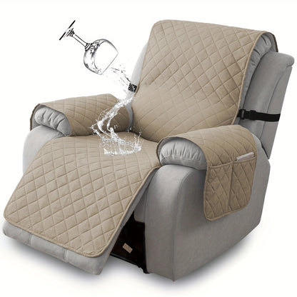 Diamond-Quilted One-Piece Recliner Chair Cover with Side Pocket, Buckle Strap and Eight Colors