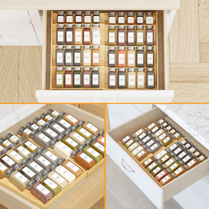Spice Drawer Rack Kitchen Organizer 4-Tier Expandable Bamboo Tray Adjustable from 12 to 23 Inches