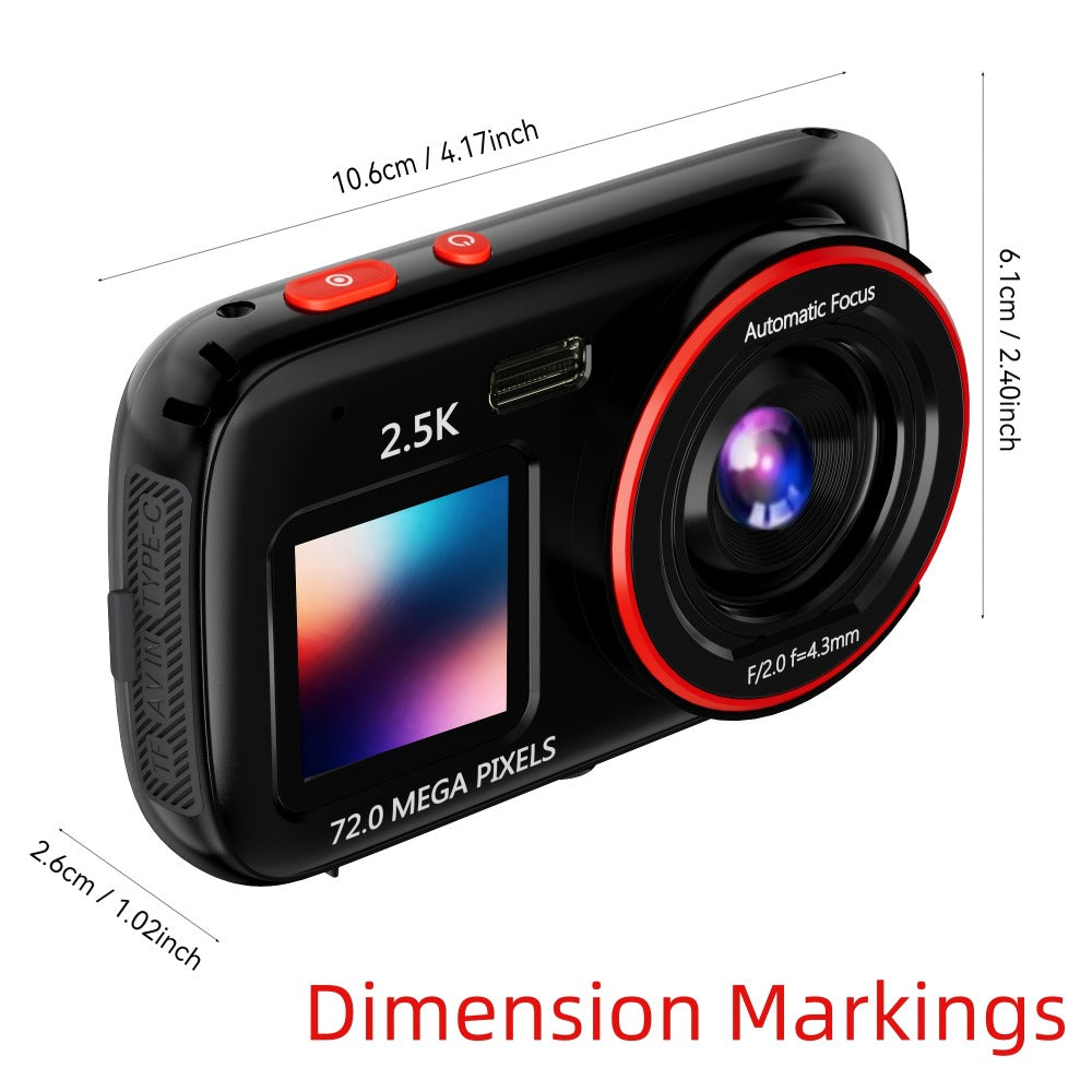Digital Camera 2.5K Dual-Screen Compact with 72MP Capture Marking, Autofocus, Included 32GB Card and Four Colors