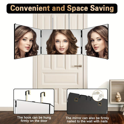 Barber Mirror, 3 Way Mirror for Self Hair Cutting with LED Lights, 360° View Anti-Fog HD Glass USB Rechargeable Folding Barber Mirror