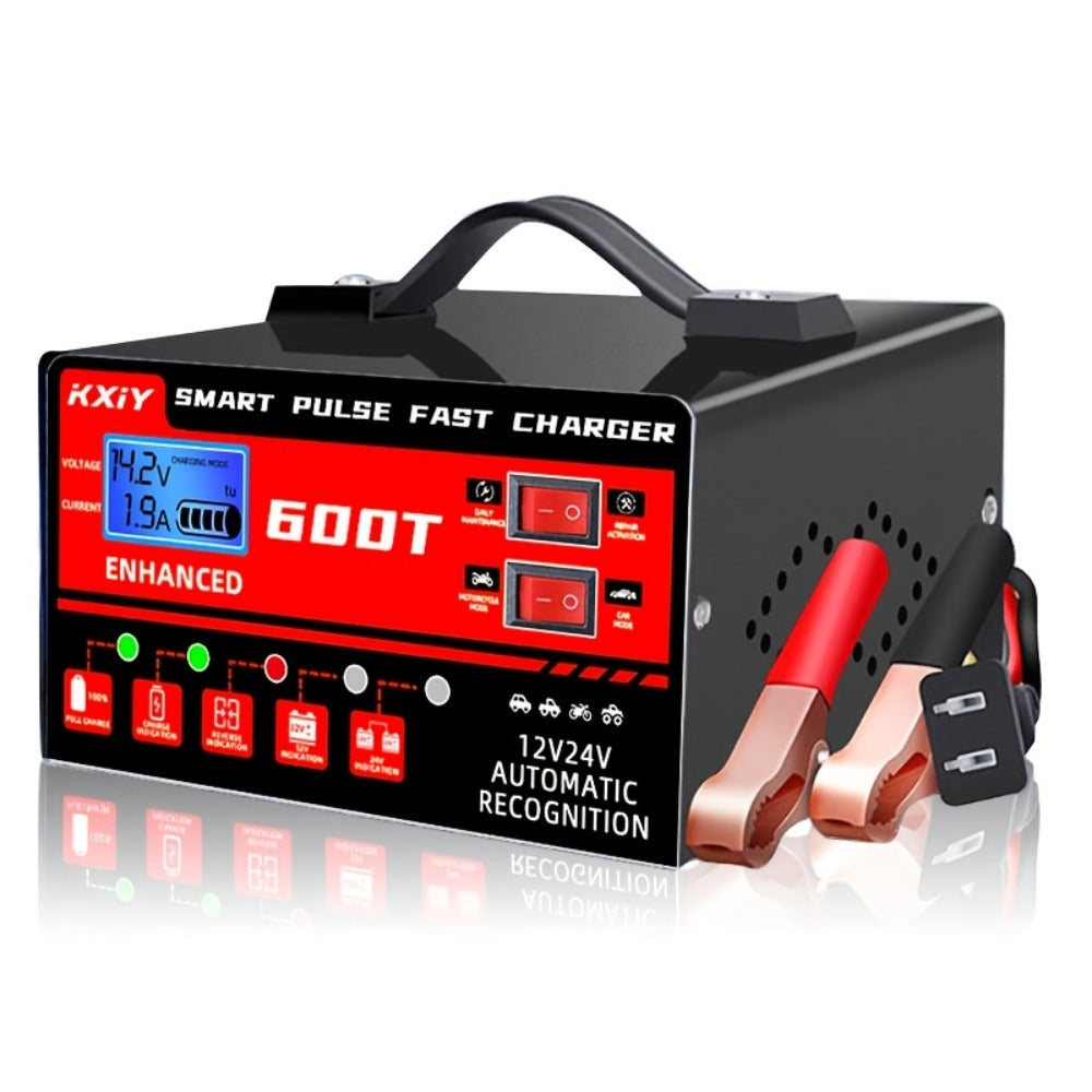 Smart Battery Charger 12V/24V with Pulse Repair & LCD Screen – Trickle Charger & Maintainer for Car, Truck, Motorcycle, Boat, Lawn Mower