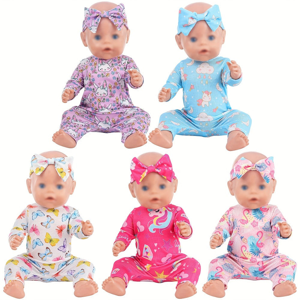 5-Pack Baby Doll Outfits Romper Clothes Set with Headbands for 14-16 Inch with the Listed Color, Size or Set Options for Everyday Use