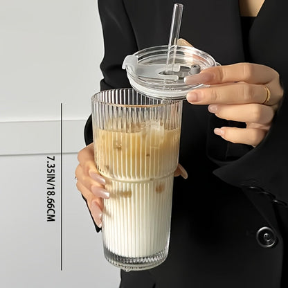 Striped Drinking Glasses with Lids and Glass Straws, 19-Ounce Tumblers in Two- or Four-Piece Sets