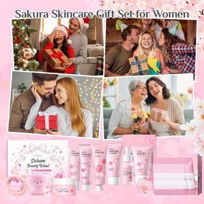 Sakura Skincare Gift Set with Mini and Full Routine Options, Pink Packaged Facial-Care Items and Accessories