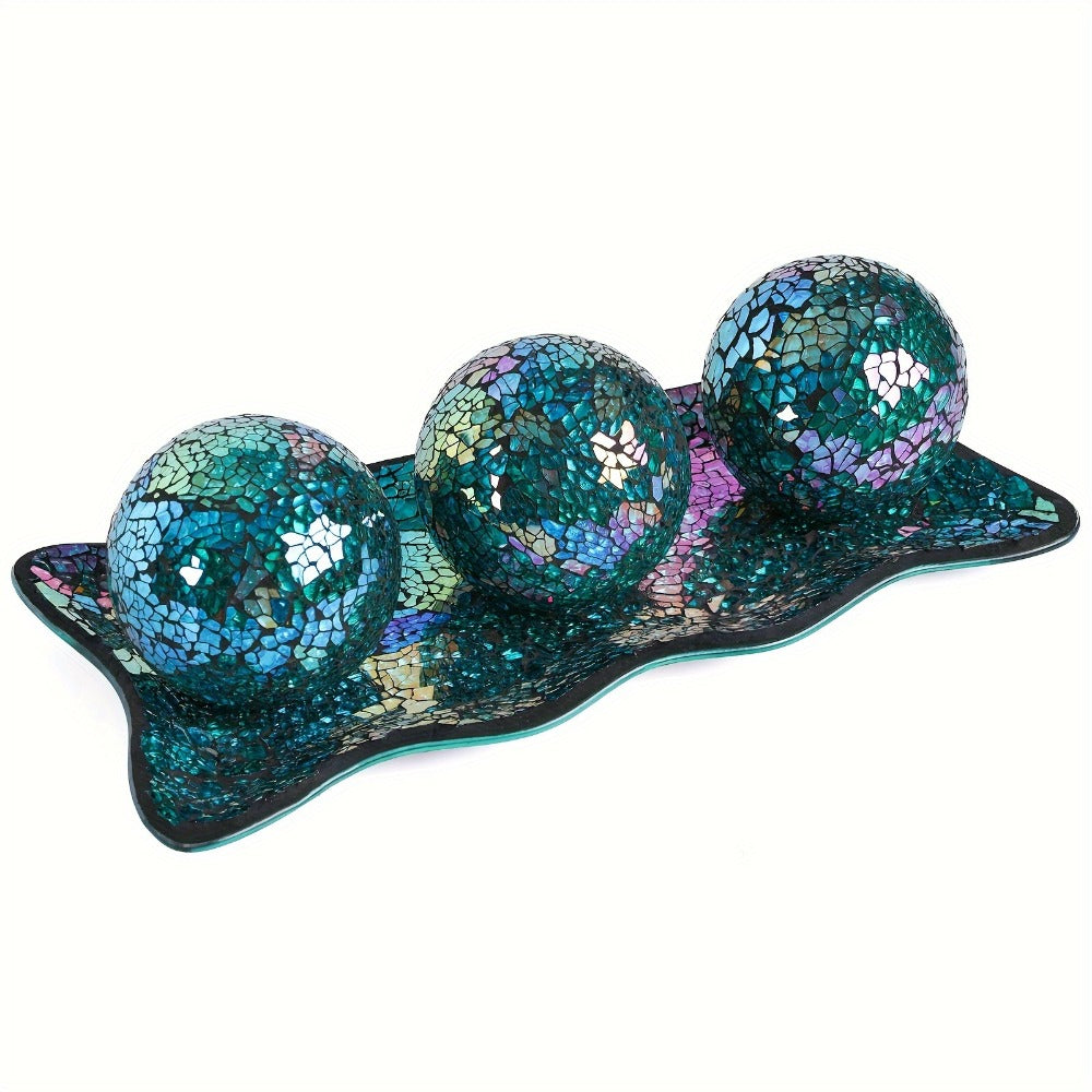 Decorative Glass Balls for Bowls 3 Inch Set of 3 with Glass Tray for Entryways, Bedrooms and Living Spaces