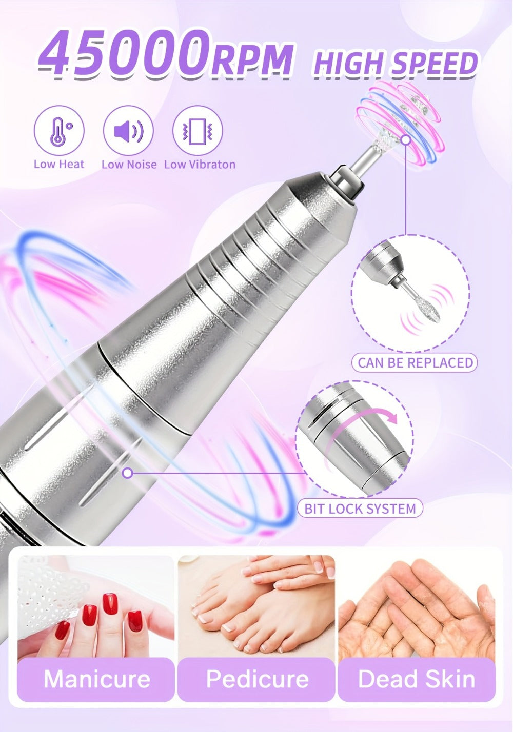 Electric Nail Drill 45000 RPM Rechargeable Kit with LCD Display and V6 Pink or White Options