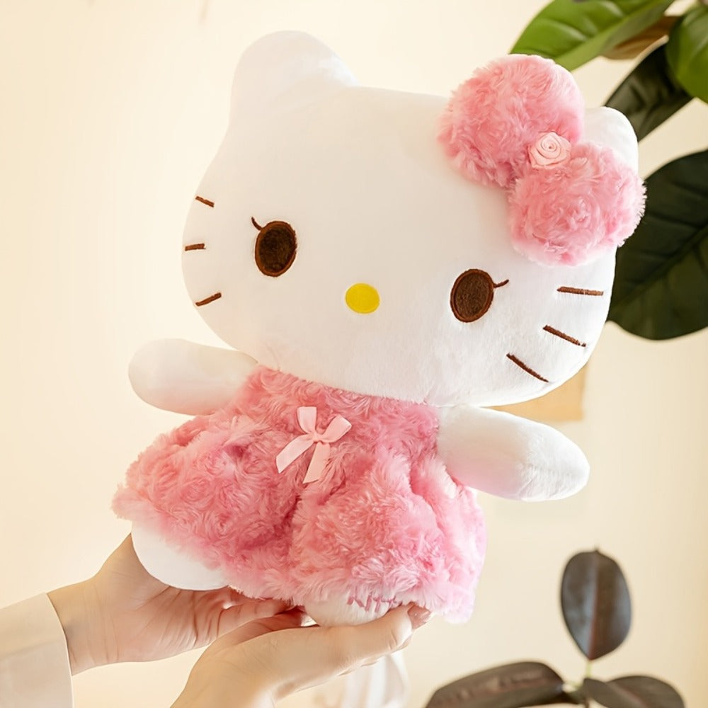 Plush Toy Bow-Wearing Cat Doll in 10-Inch Pink Rose Dress with Soft Fabric and One-Piece Option