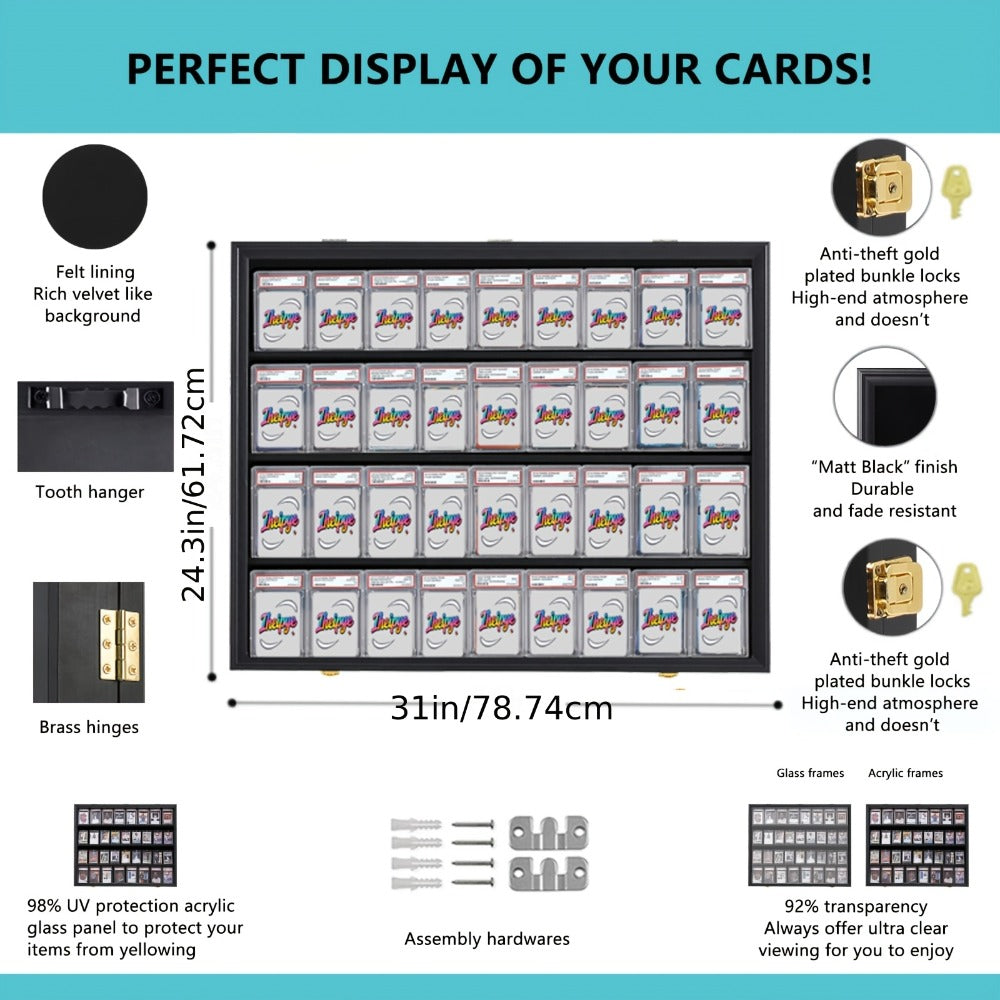 Sports Card Display Case 36 Slots Lockable Wall Frame – UV Protection Acrylic | Baseball Basketball Football Hockey Trading Cards | Black
