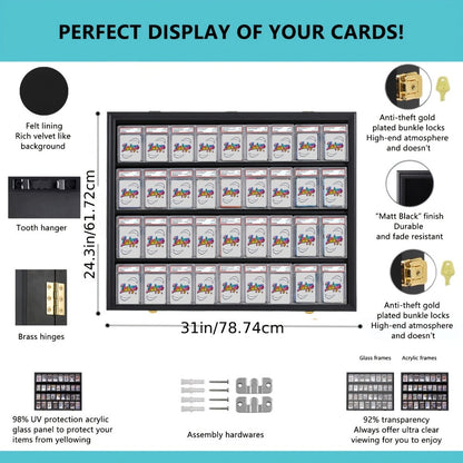 Sports Card Display Case 36 Slots Lockable Wall Frame – UV Protection Acrylic | Baseball Basketball Football Hockey Trading Cards | Black