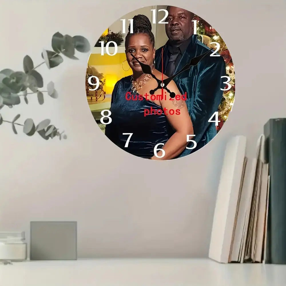 Personalized Custom Photo Wall Clock - Round Wood Silent Clock with Custom Text & Family Name, Self-Assembly