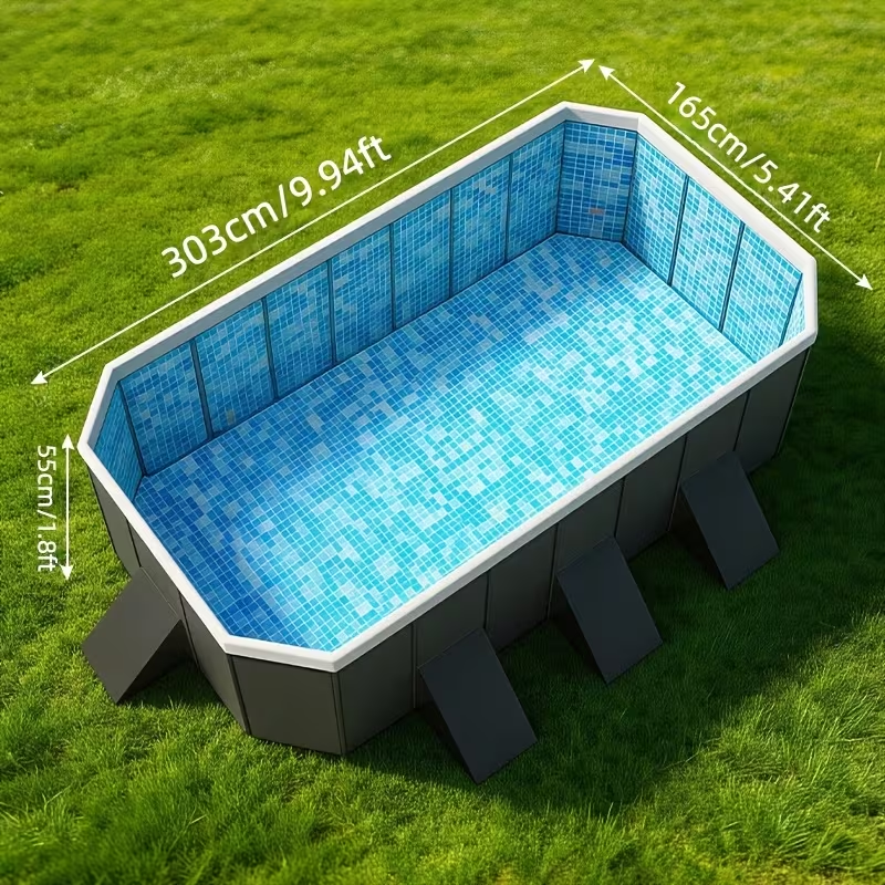Large Rectangular Frame Pool, Non-Inflatable Backyard Swimming Pool with Drain for Garden, Patio and Yard Use