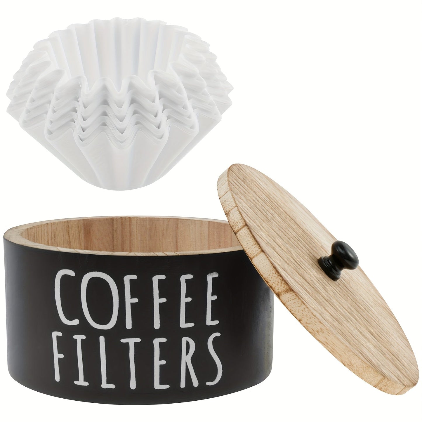 Wooden Coffee Filter Holder with Lid – Large Capacity Rustic Round Organizer Dispenser for Coffee Filters & Tea Bags, Bamboo Lid