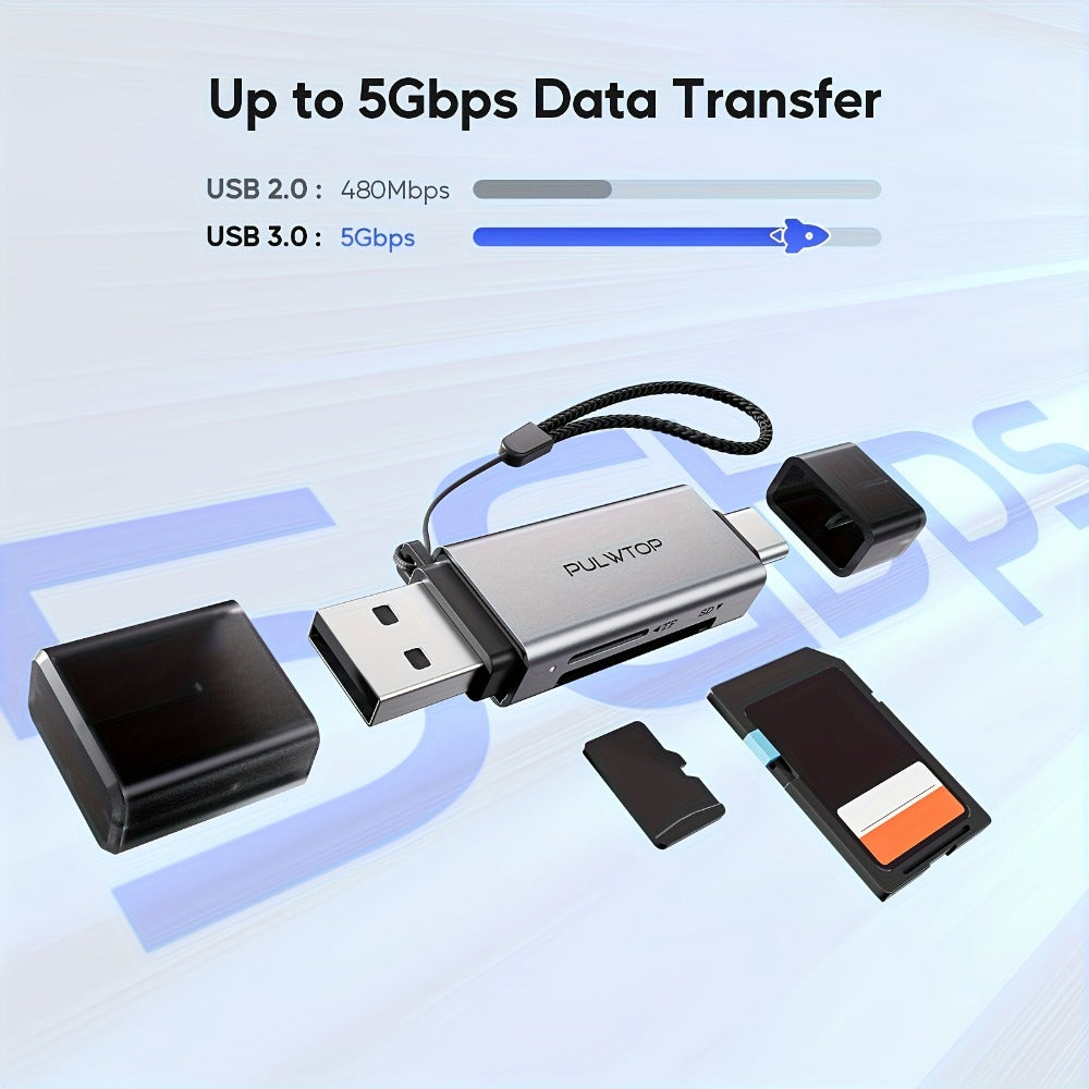 SD Card Reader USB 3.0 & USB-C Dual Slot Adapter for SD Micro SD SDHC SDXC MMC, PUWLTOP 5Gbps High-Speed Memory Card Reader
