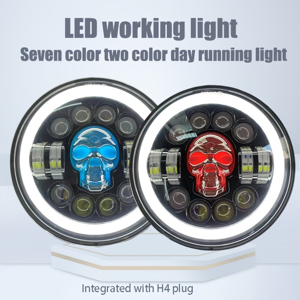 7 Inch Motorcycle LED Headlight Skull Ghost Design – Colorful Demon Eye Round Head Lamp, Custom Car Headlight Modification Front Light