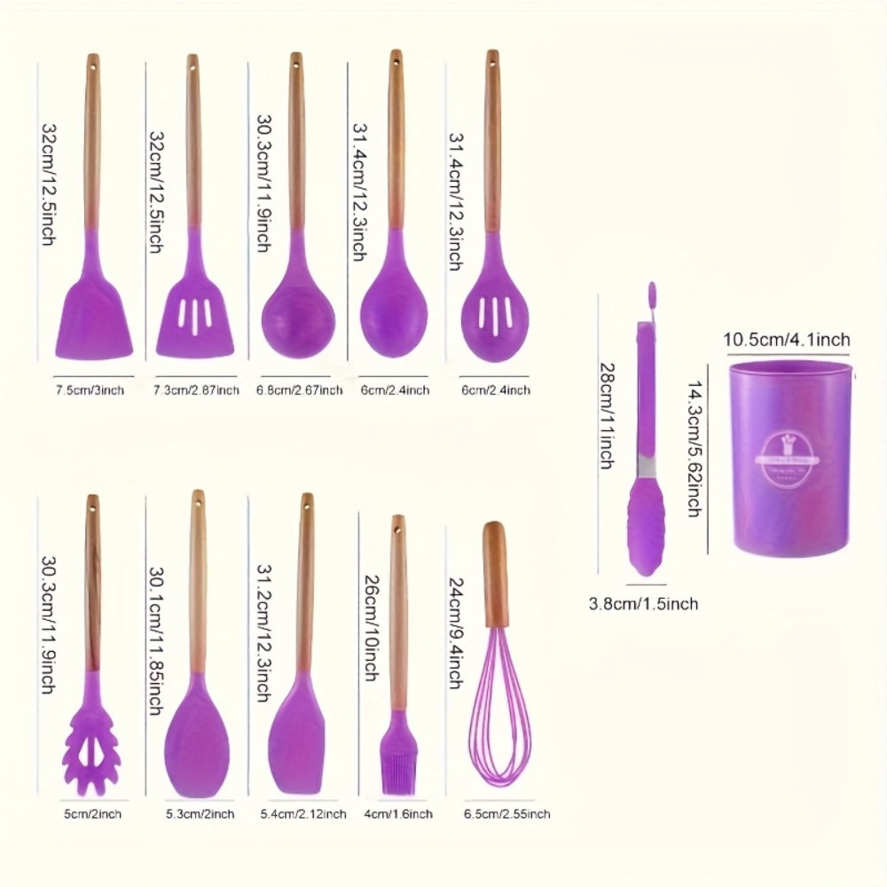 13-Piece Silicone Kitchen Utensil Set with Wooden Handles, Storage Holder and Khaki or Dark Gray Colors