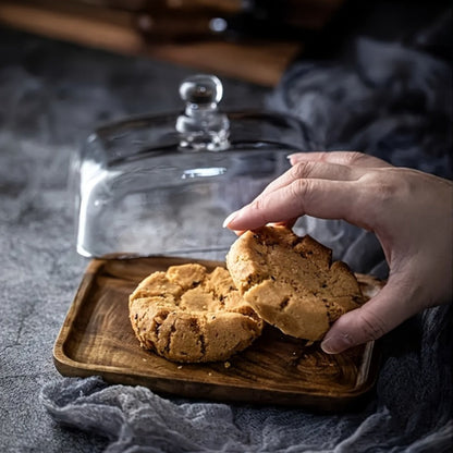 Wooden Butter Dish Base with Clear Glass Cloche Lid and 18 x 12 x 10.9 cm Serving Tray for Table Use