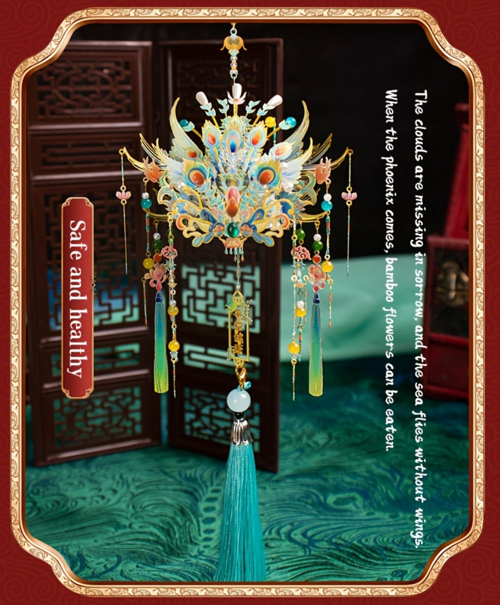 3D Metal Puzzle Phoenix Crown Qingluan – Blue & Gold DIY Assembly with Beads & Tassels, Chinese Mythology Art Collectible