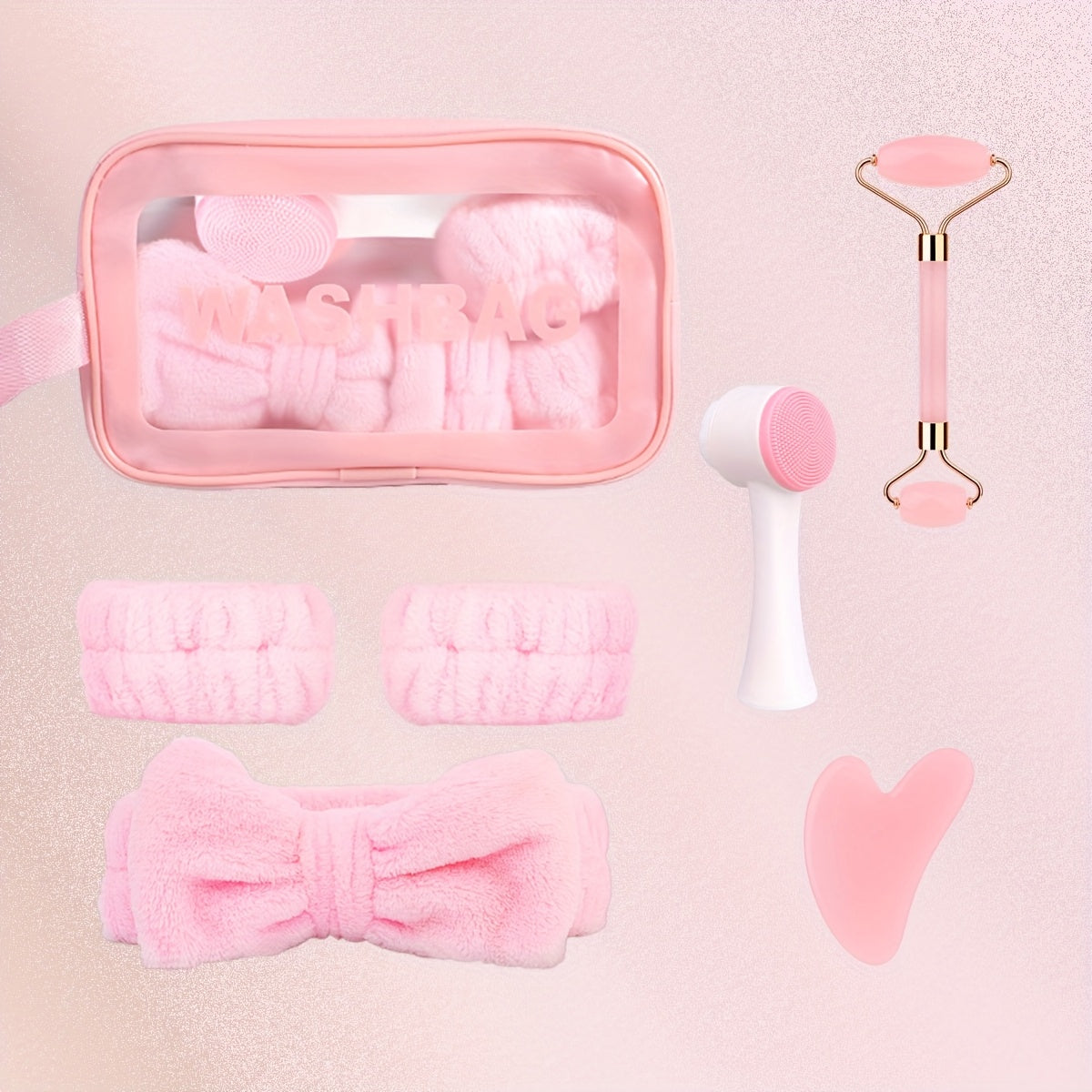 Facial Cleansing Massage Set 7Pcs Silicone Face Brush Double-Headed Roller Massager Heart Scraping Board Wristbands Hair Band Pink Storage