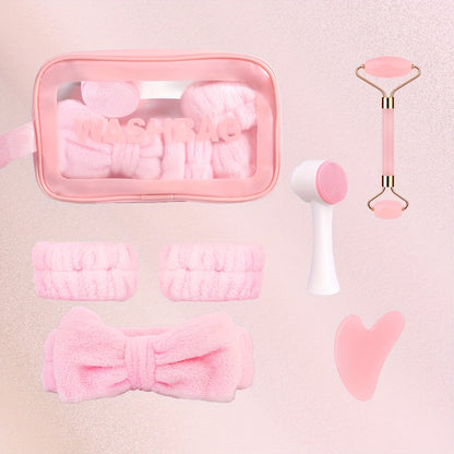 Facial Cleansing Massage Set 7Pcs Silicone Face Brush Double-Headed Roller Massager Heart Scraping Board Wristbands Hair Band Pink Storage