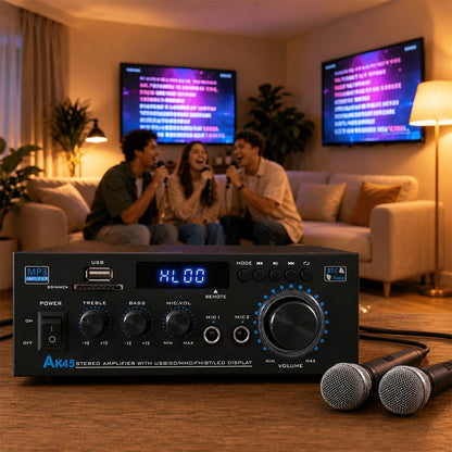 400W Bluetooth 5.0 Stereo Amplifier Receiver AK45, 2-Channel Home Audio Power Amp with Karaoke, FM Radio, USB MMC SD Card