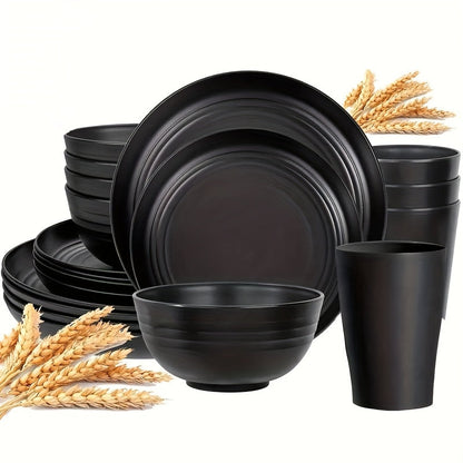 Wheat Straw Dinnerware Set 16 or 32 Piece – Plates & Bowls for 4 or 8 People, Microwave & Dishwasher Safe Plastic Dish Set