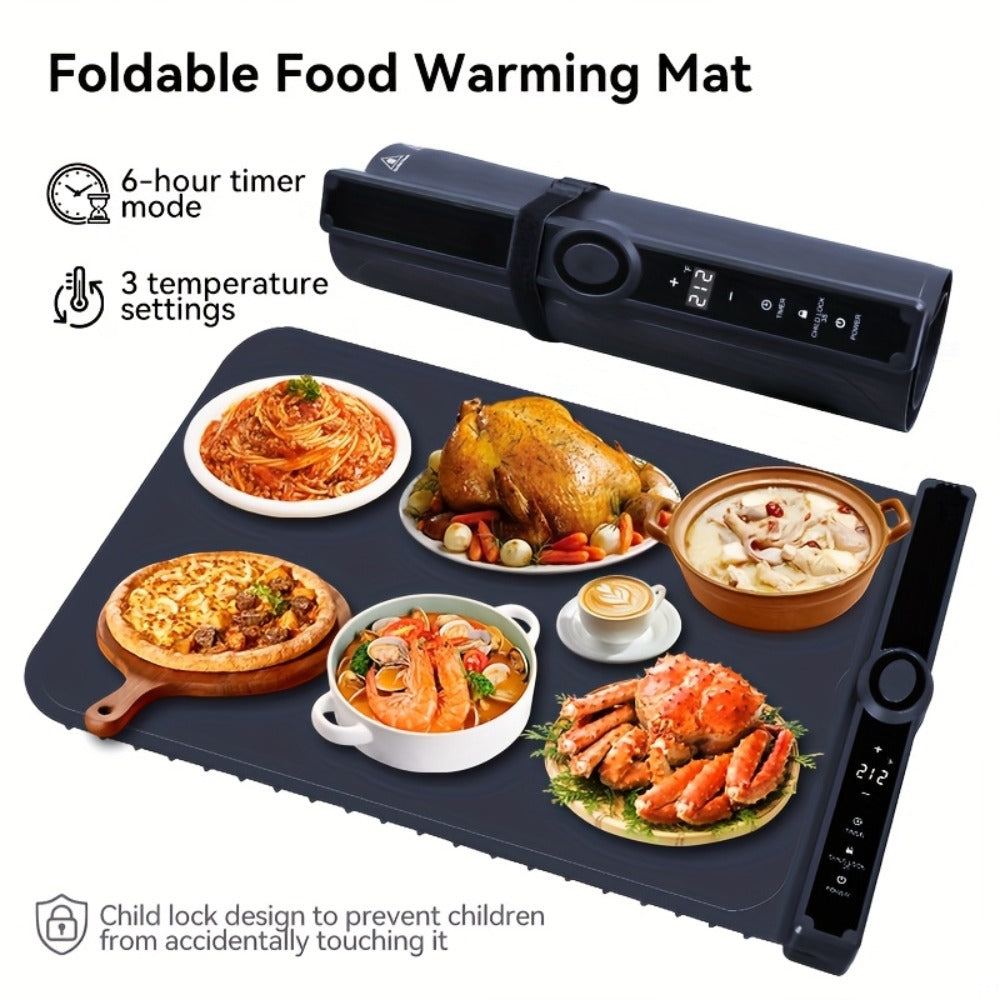 Electric Food Warming Pad Silicone 3 Temperature Levels Timer Foldable Full Surface Rapid for Home Cooking, Dining and Outdoor Meals