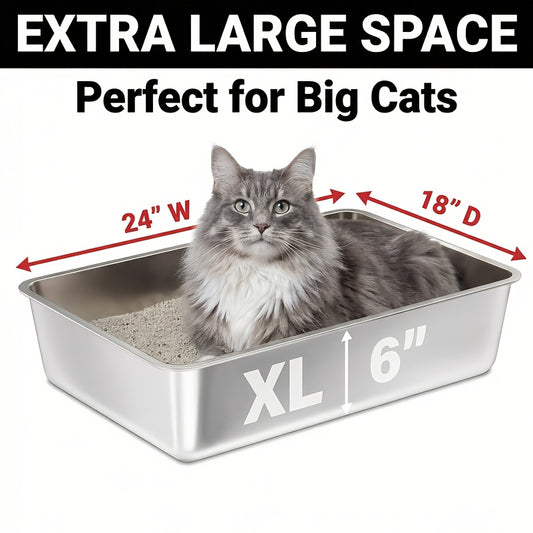 Large Stainless Steel Cat Litter Box 24x16x6 Inch Heavy Duty Rust-Proof Easy Clean Open Top Metal Litter Pan for Big Cats & Rabbits