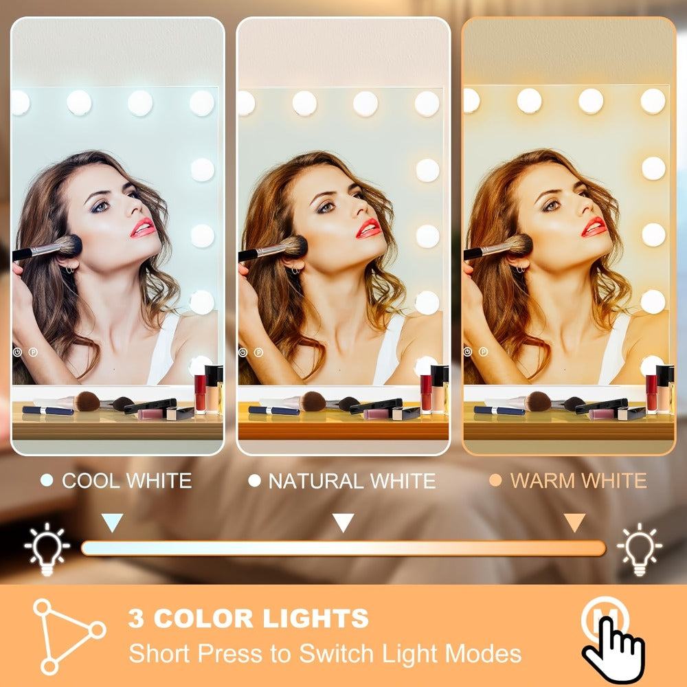 Hollywood Vanity Mirror with 15 Dimmable Bulbs, 23 x 18 Inch Frame, Three Light Colors and USB Port