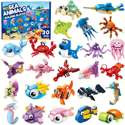 Ocean Mini Building Blocks 30-Pack Party Favors for Kids, Marine-Themed Mini Brick Sets for Birthday Goodie Bags