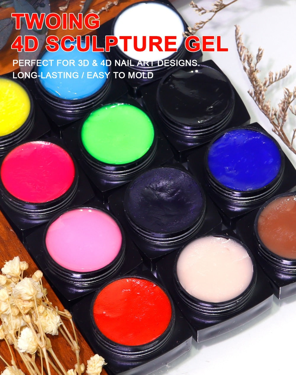 Nail Sculpting Gel Kit 3D 4D 12 Colors with Carving Pen – Firm Non-Sticky Soak-Off Sculpture Gel for Flowers, Leaves