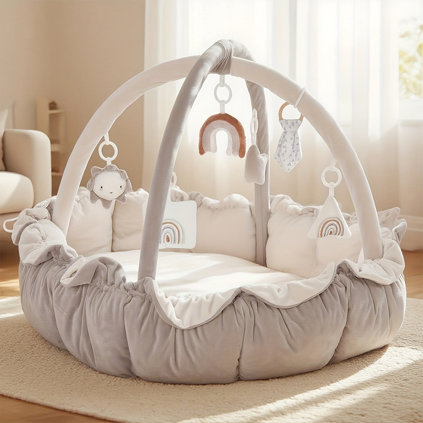Convertible Round Pet Play Mat and Bed with Raised Sides, Removable Arches and Six Hanging Toys