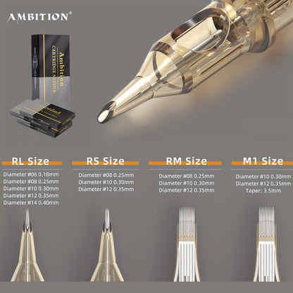 Ambition Tattoo Cartridge Needles 20pcs Professional RL RS RM Sizes with Safety Membrane for Temporary Body Art, Festivals and Costumes